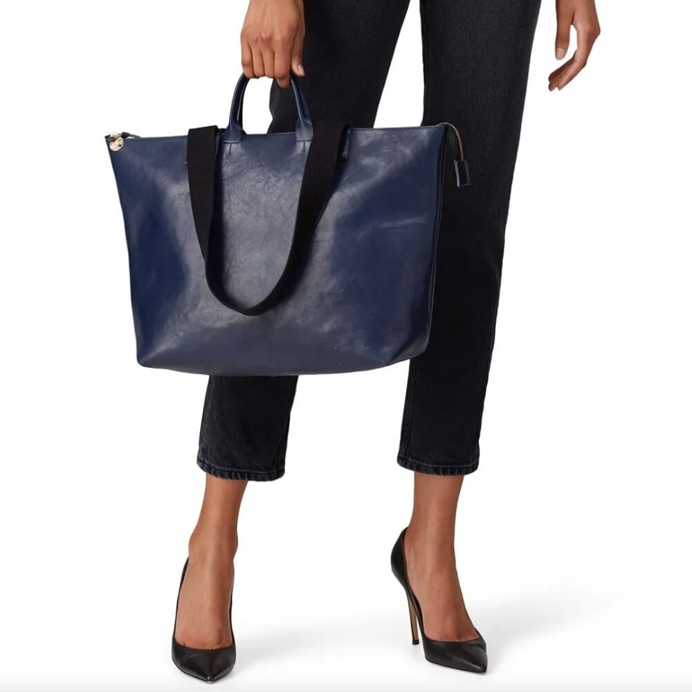 Clare V Le Zip Sac in Navy with Black Webbing Straps
